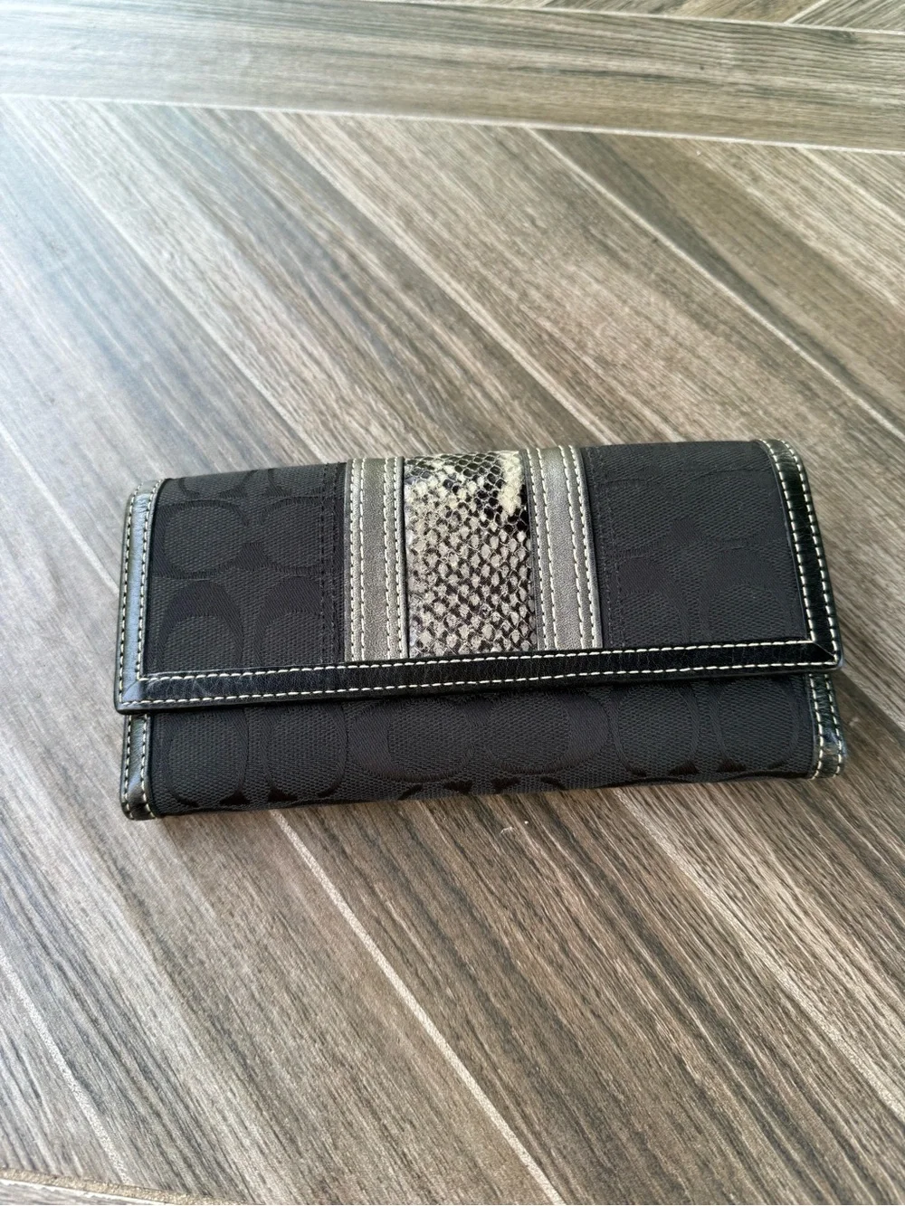 Coach Logo Black Tri-Fold Wallet with Snake-Print Center Stripe